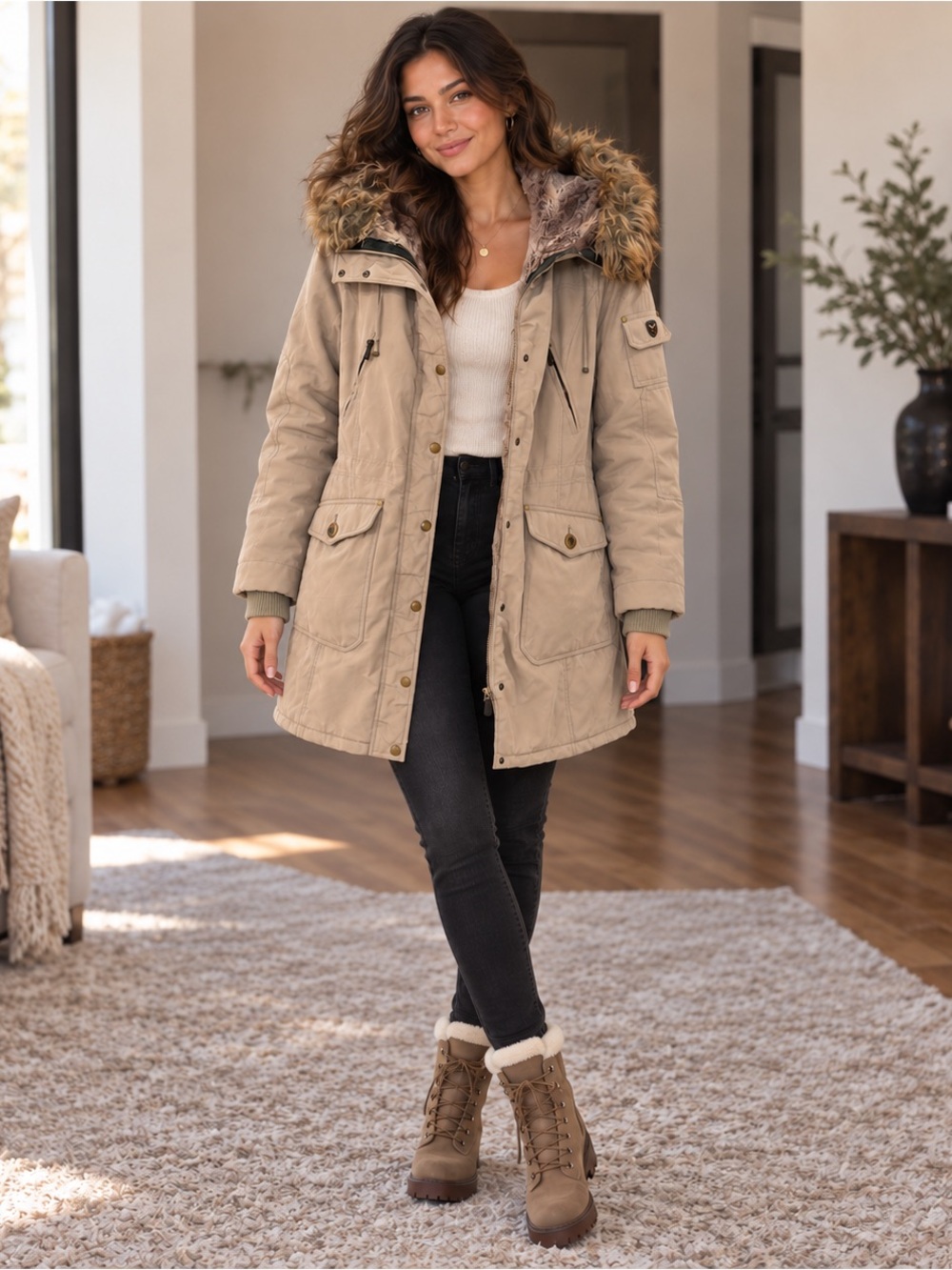 1 MADISON EXPEDITION Women’s Taupe Faux Fur Hooded Parka Coat L - Picture 2 of 7